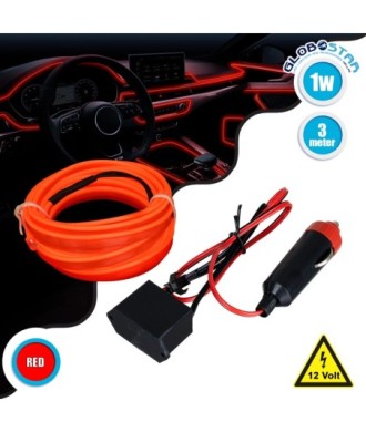 GloboStar® 82206 TUBE 360° Degree Διακοσμητική EL-Wire Neon Αυτοκινήτου Κορδόνι ΣΕΤ 3m 1W-3m 30lm-m 360° DC 12V με Βύσμα Αναπτήρα Αυτοκινήτου Αδιάβροχη IP68 Κόκκινο